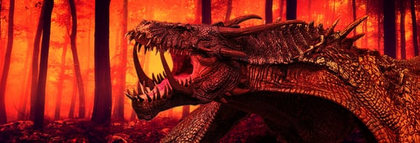 A snarling, red-skinned serpentine creature, sits amidst a forest inferno